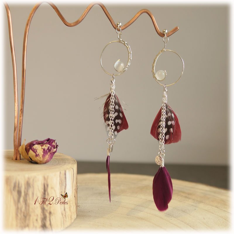 boucles d'oreilles argent pierre de lune et plumes